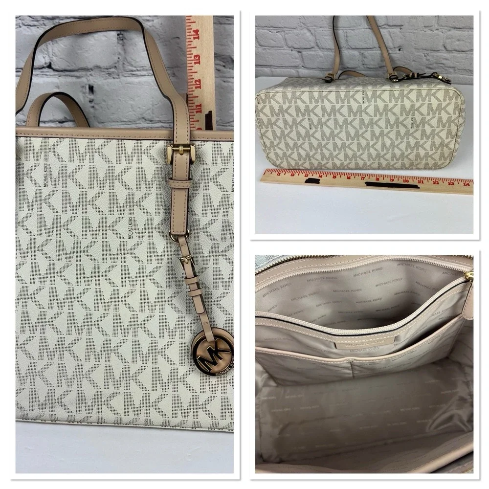 Michael Kors Jet Set Travel Large Tote Vanilla Signature MK Logo Shoulder Bag - Picture 6 of 7